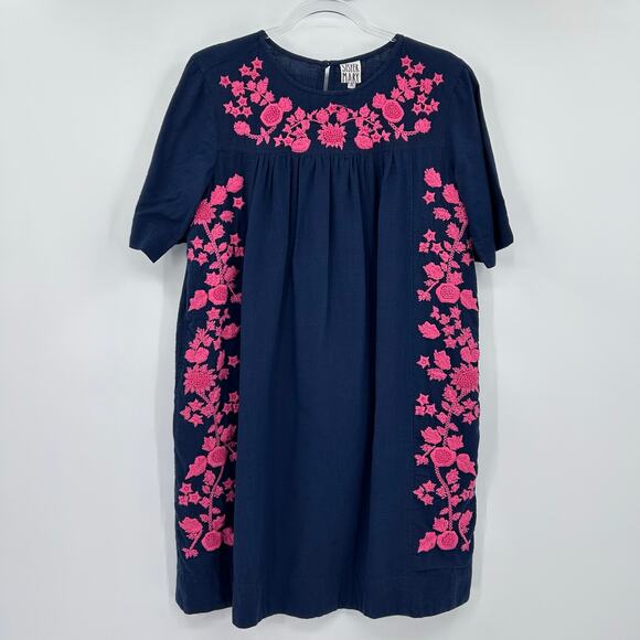 Sister Mary Navy Cotton Shift Dress Pink Floral Embroidery Pockets Womens Sz S - Picture 3 of 12